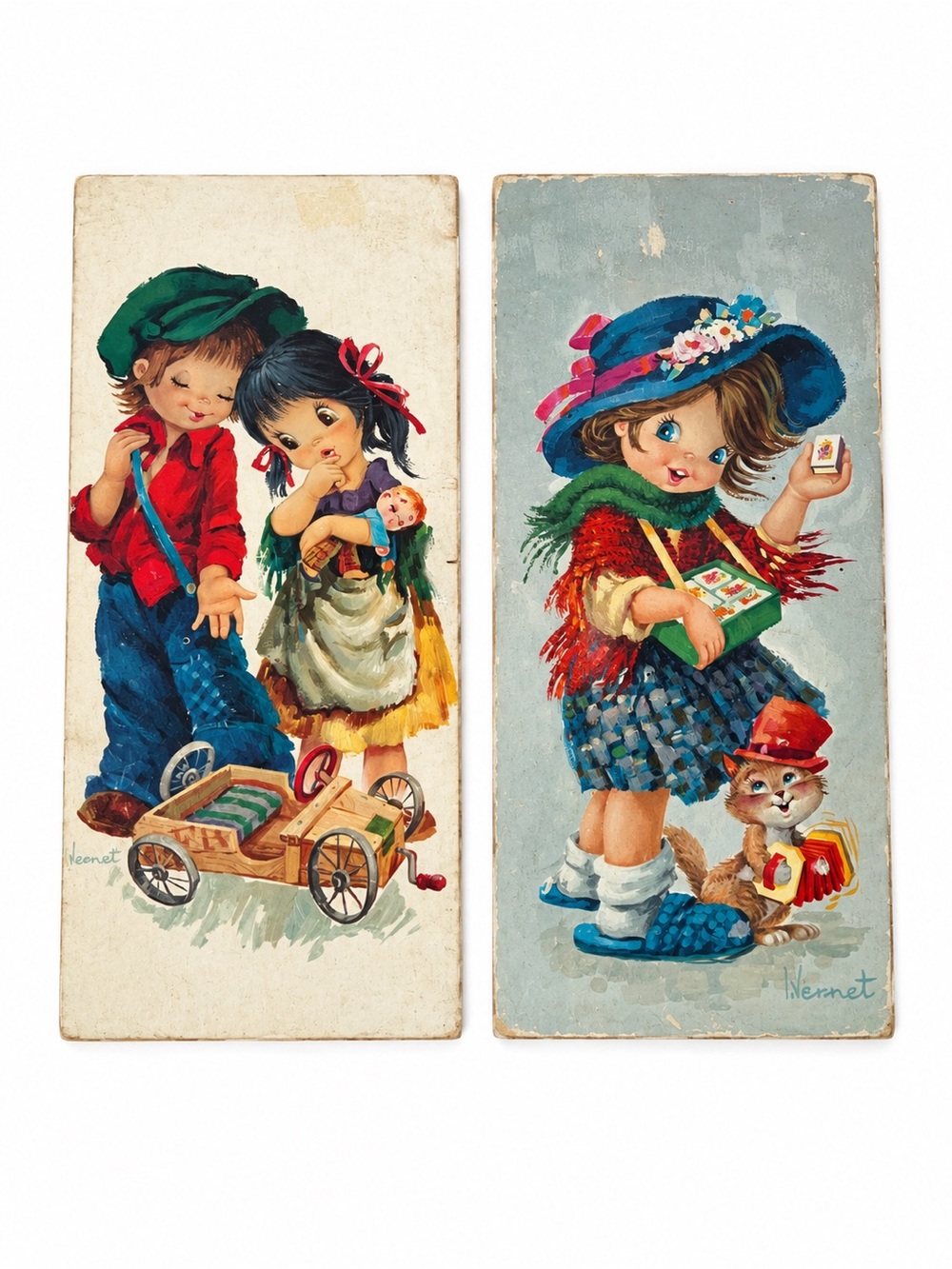 Vintage Vernet Big Eye Children Wall Plaques Pair 70s Kitsch Litho Wood Art